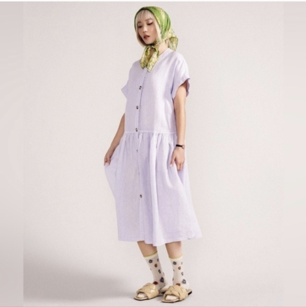Hansel from Basil pastel purple button down linen midi/maxi dress